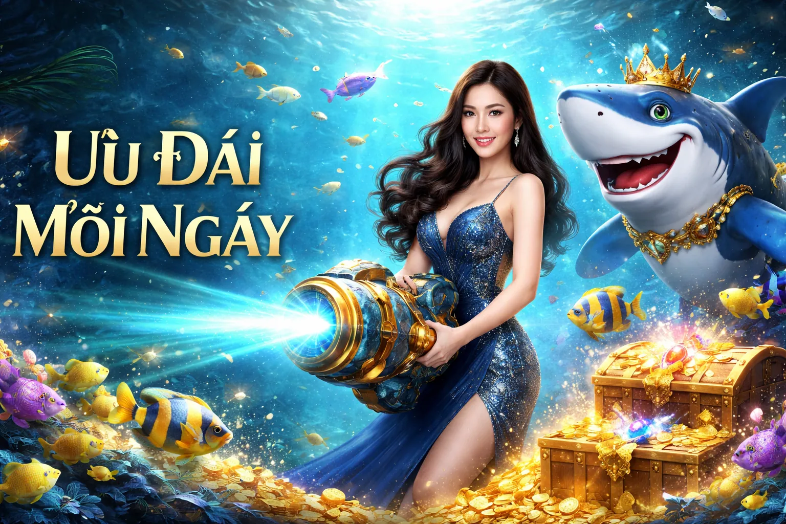 Hình ảnh một sân đấu đá gà sôi động, với các chiến kê đang thi đấu quyết liệt dưới ánh đèn sân khấu. Khán giả xung quanh reo hò cổ vũ, tạo nên không khí kịch tính và hấp dẫn. Màu sắc chủ đạo là xanh dương và trắng.